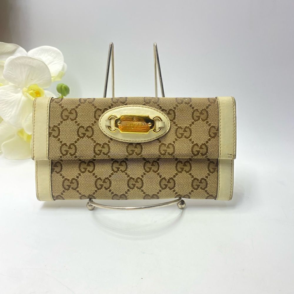 Gucci Beige Brown Monogram Canvas Wallet with Gold Plaque